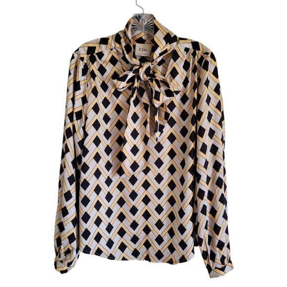 Elie Tahari Blouse Women's XL Geometric Neck Tie Silky Career Office Long Sleeve - Picture 1 of 6